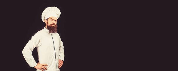 Bearded male chefs isolated on black. Cook hat. Confident bearded male chef in white uniform - Photo, Image