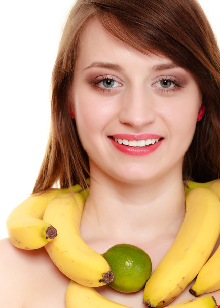 Diet. Girl with necklace of bananas fruits isolated - Foto, Imagen