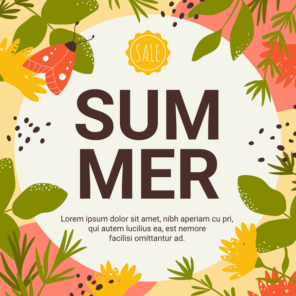 Summer offer sale banner set, flowers, butterflies and floral leaves in round promo template - Vector, afbeelding