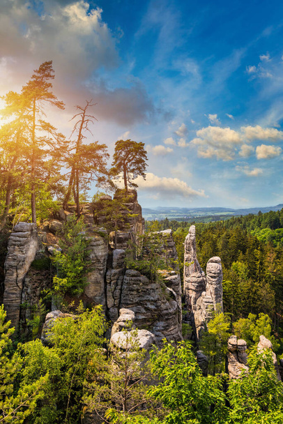 Prachov rocks (Prachovske skaly) in Cesky Raj region, Czech Republic. Sandstone rock formation in vibrant forest. Prachov Rocks, Czech: Prachovske skaly, in Bohemian Paradise, Czech Republic. - Foto, Imagem