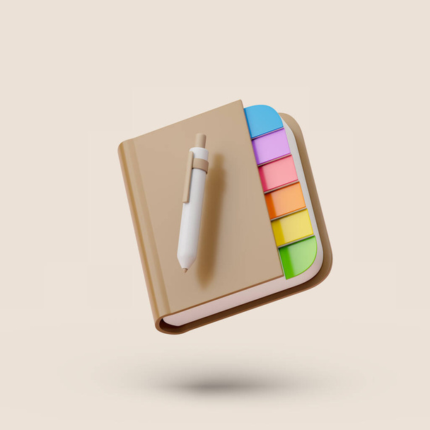 Livre de notes marron avec étiquettes colorées et stylo sur fond pastel. Illustration de rendu 3D simple. - Photo, image
