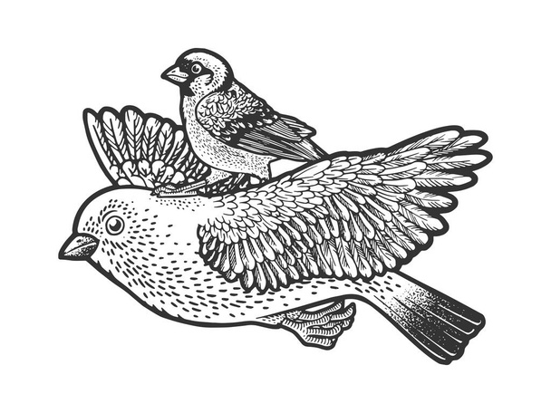 Bird ride bird while flying line art sketch engraving vector illustration. T-shirt apparel print design. Scratch board imitation. Black and white hand drawn image. - Vector, Imagen