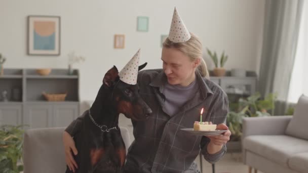 Středně světlovlasá běloška držící talíř s kusem dortu, blahopřeje svému psovi k narozeninám, oba nosí doma klobouky, majitelka sfoukne svíčku - Záběry, video