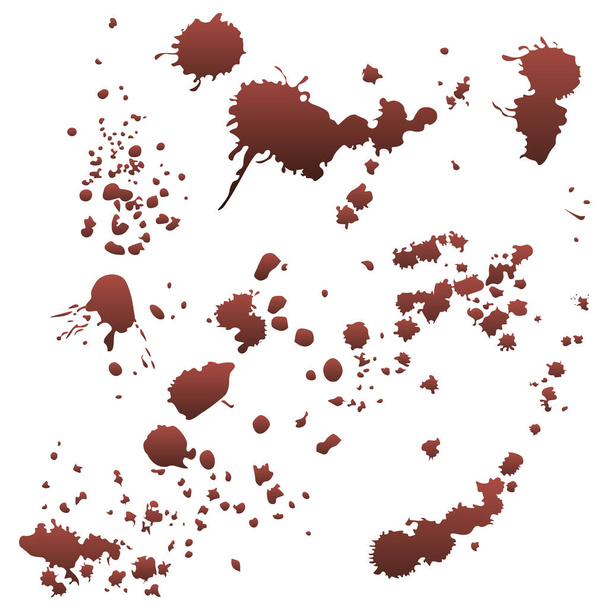 Una serie di schizzi di sangue realistici. Goccia e macchia di sangue. Macchie di sangue. Isolato. Illustrazione vettoriale isolata su sfondo bianco. Cialde rosse - Vettoriali, immagini
