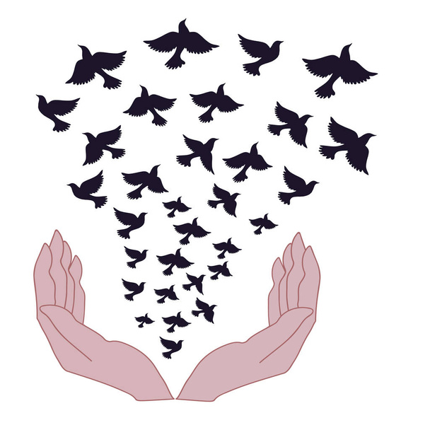Freedom symbol. Free flight. Hands release the dove of peace. Vector illustration - Vettoriali, immagini
