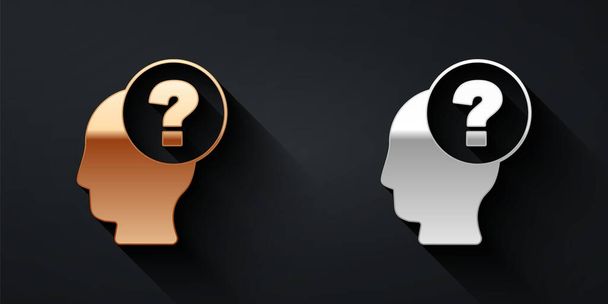 Gold and silver Human head with question mark icon isolated on black background. Long shadow style. Vector - Vector, Image