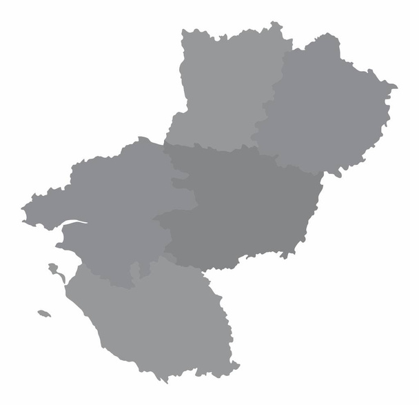Pays de la Loire διοικητικός χάρτης διαβαθμίσεων του γκρι, απομονωμένος σε λευκό φόντο, Γαλλία - Διάνυσμα, εικόνα