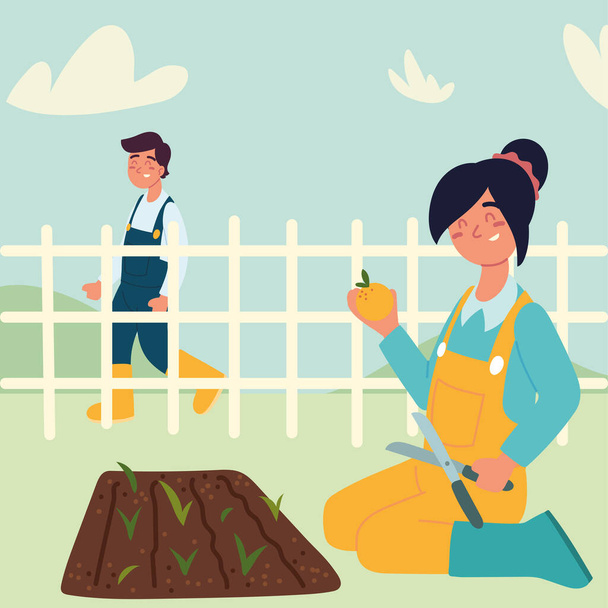rolnik dziewczyna zbieranie pomarańczowy - Wektor, obraz