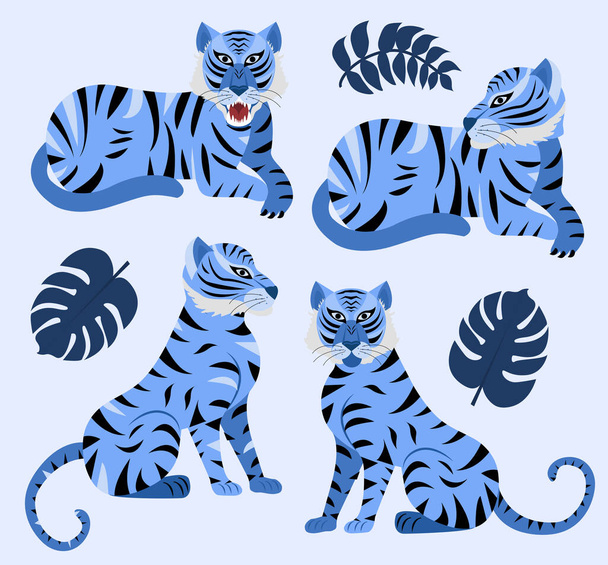 Blue tiger and tropical leaves set. Year of the Water Tiger Chinese New Year 2022. Vector illustration - Vector, Image