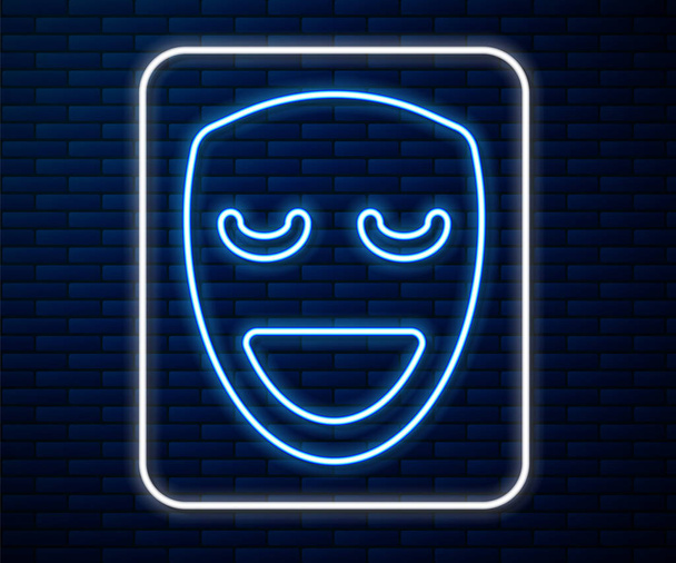 Zářící neonová čára Ikona komediální divadelní masky izolovaná na pozadí cihlové zdi. Vektor - Vektor, obrázek