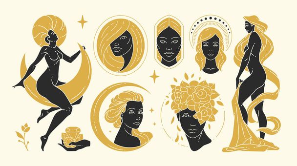 Magic woman vector illustrations of graceful feminine women and esoteric symbols set - Διάνυσμα, εικόνα