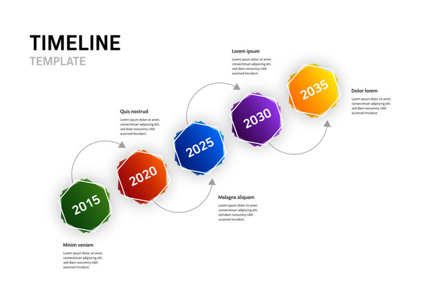 layout infográfico hexágono com valores anuais, modelo de linha do tempo com setas de apontamento, design gráfico de negócios - Vetor, Imagem