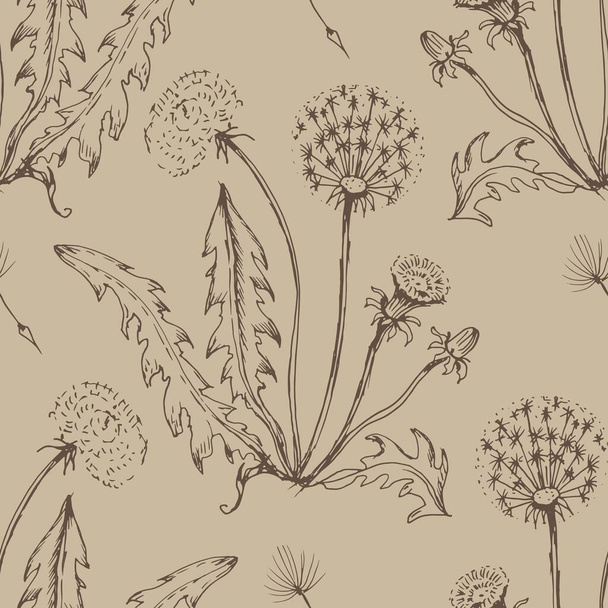 タンポポの花の野生の花のグラフィックベクトル手描きイラスト。テキスタイルヴィンテージのレトロな葉の種子は子供のための着色本を飛ぶかわいい漫画の自然植物パターンシームレス - ベクター画像