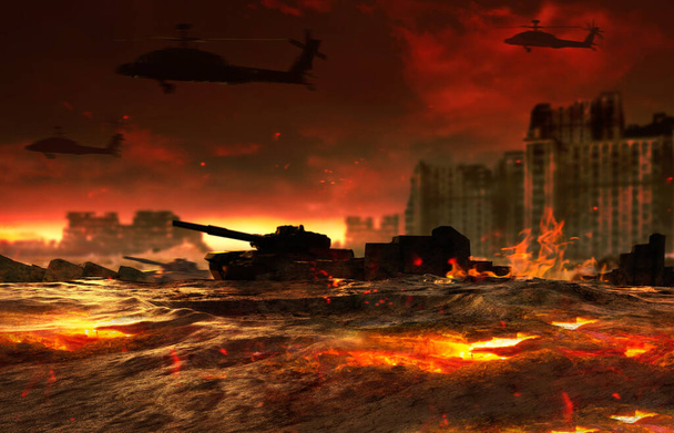 3d representación ilustración del campo de batalla en llamas con tanques y helicópteros volando sobre el fondo de la ciudad en ruinas, obras de arte de fondo. - Foto, imagen