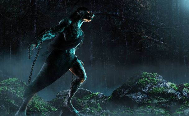 3D teszik illusztráció fantasy vérfarkas szörny lény sötét ködös erdőben. - Fotó, kép