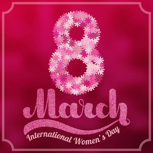 Lettering 8 Marzo sobre fondo borgoña borrosa. Ilustración vectorial para el Día Internacional de la Mujer. EPS10 - Vector, imagen
