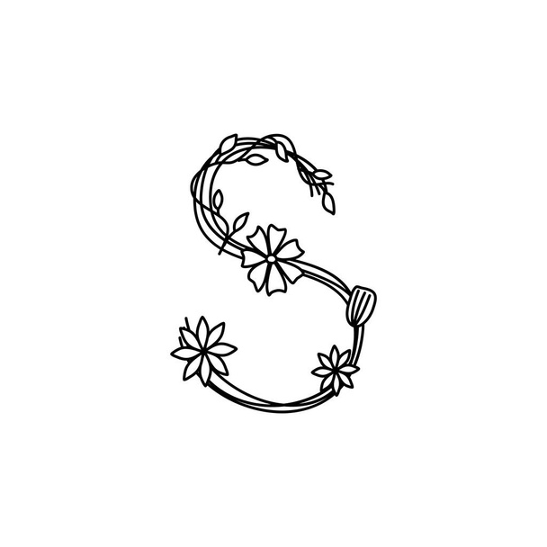Vintage floral negrita letra S logo primavera. Vectores clásicos de diseño de letras de verano con color negro y flores dibujadas a mano con flores de línea de monolina - Vector, Imagen