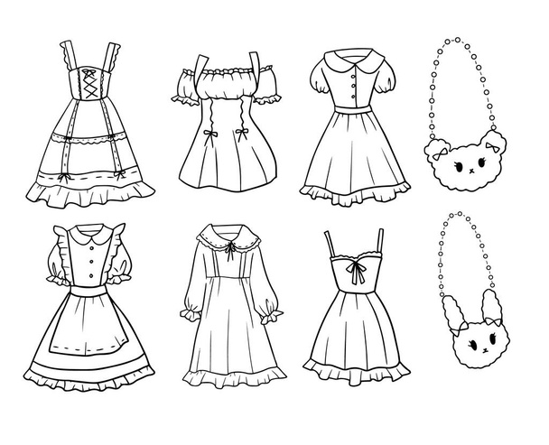 Set of black and white hand-drawn doodle style young girl dress outfit  - Vector, afbeelding