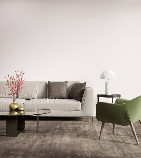 3d render of a Contemporary grey living room with green armchair detail - Photo, Image