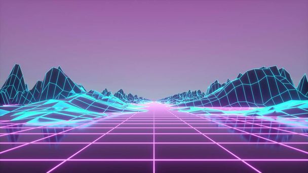 Retrowave horizon landscape with neon lights and low poly terrain.3Dレンダリング. - 写真・画像