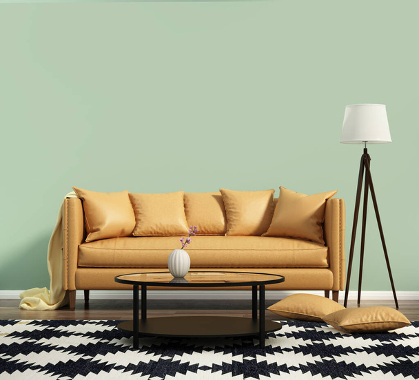Gelbes Sofa in einem modernen grünen Wohnzimmer mit gelbem Ledersofa - Foto, Bild