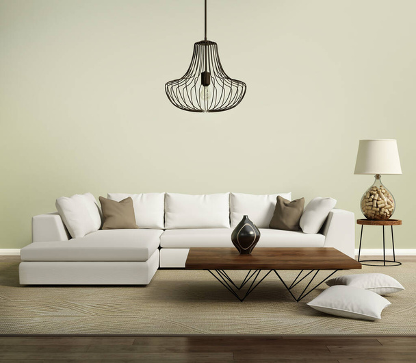 3D renderização de um sofá moderno contemporâneo bege com lâmpada - Foto, Imagem