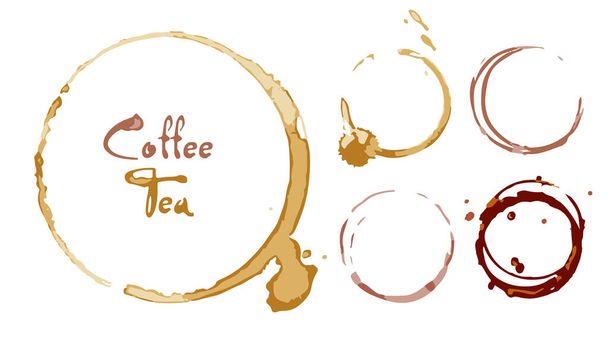 Coffee and tea glass stains and spots. Vector ring and circle isolated on white background. Brown blemishes, splatters, stains, strips. - Vettoriali, immagini