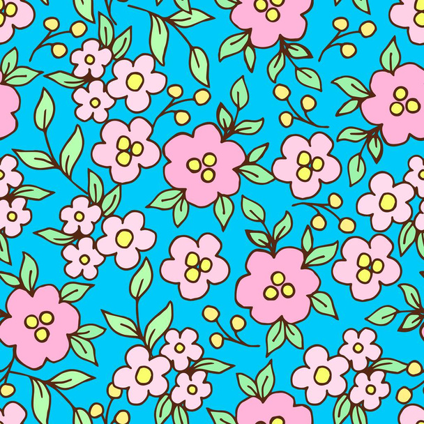 Delicate calm floral vector seamless pattern in rural style. Small pink flowers, green leaves on a bright blue background. For printing on fabrics, textiles, clothing. - Vektör, Görsel