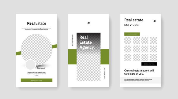 Real estate social media layouts with green accent, story templates for instagram, modern and clean business design - Vector, Image