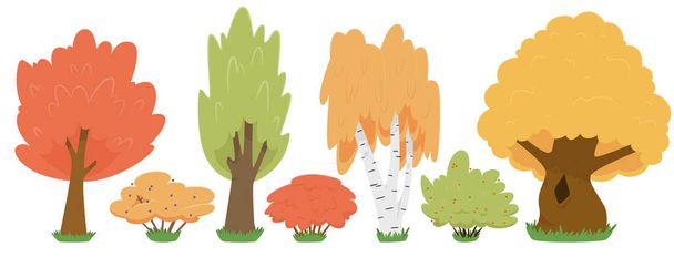 Ilustración vectorial de conjunto aislado de árboles y arbustos de otoño sobre fondo blanco para decoración - Vector, Imagen