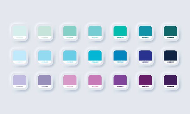 Paleta de colores pastel. Vector. Catálogo de muestras azul y púrpura en RGB HEX. Catálogo de colores. Neumorphic UI UX botón web de interfaz de usuario blanco. Neumorfismo. Vector EPS 10. - Vector, imagen