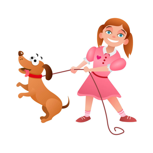 Bambina che cammina con il cane. Ragazza felice in abito rosa tiene bassotto al guinzaglio. Personaggi dei cartoni animati. Illustrazione vettoriale. - Vettoriali, immagini