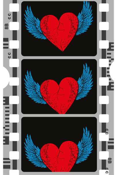 Vektorillustration eines Filmbands, das ein Herz mit Flügeln zeigt. Surreales Image für T-Shirts oder Aufkleber. - Vektor, Bild