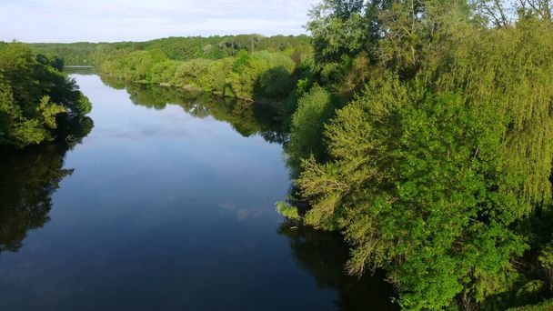 Aereo drone vista volo sopra specchio superficie liscia del fiume e degli alberi - Foto, immagini