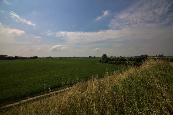 Radweg auf einer Böschung inmitten der Felder in der italienischen Landschaft im Sommer - Foto, Bild