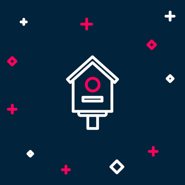 Line Bird house ikona izolowana na niebieskim tle. Domowy domek dla ptaków, domowej roboty budynek dla ptaków. Kolorowy koncept. Wektor - Wektor, obraz