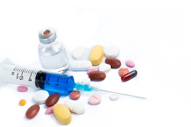 Glass Medicine Vial botox or flu with medical Syringe and pills - Photo, Image