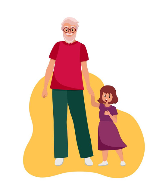 The older man grandfather walks with his granddaughter. Elderly people are cartoon characters. Old age. Vector illustration of a flat style, isolated on a white background - Vector, Image