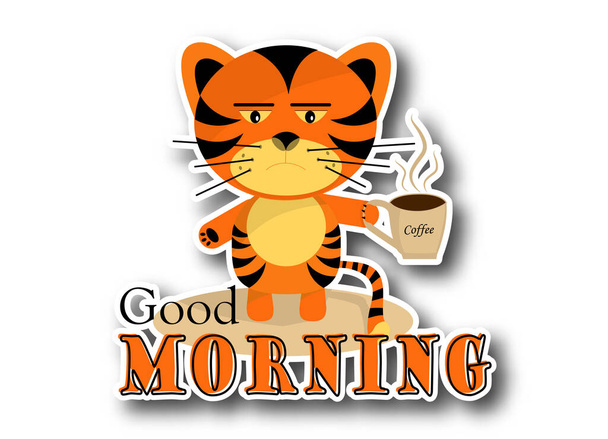 Sticker tijger jongen met kopje koffie en Goedemorgen tekst op witte achtergrond - Vector, afbeelding