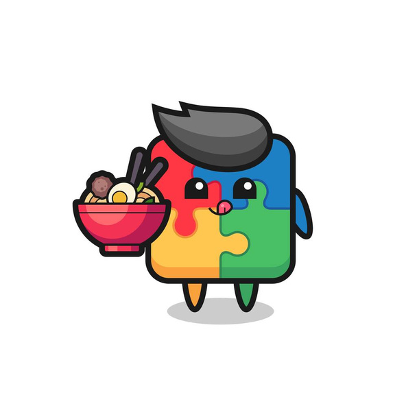 χαριτωμένο χαρακτήρα παζλ τρώει noodles, χαριτωμένο σχεδιασμό στυλ για t shirt, αυτοκόλλητο, στοιχείο λογότυπο - Διάνυσμα, εικόνα