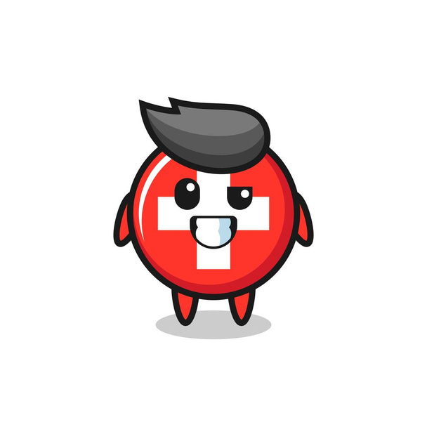 linda mascota de la insignia de la bandera de Suiza con una cara optimista, diseño de estilo lindo para la camiseta, pegatina, elemento de logotipo - Vector, Imagen