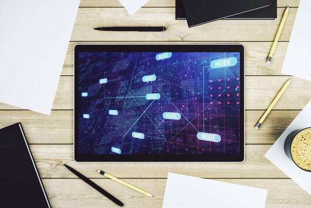 Top view of modern digital tablet screen with abstract creative programming illustration, big data and blockchain concept. 3D Rendering - Fotó, kép