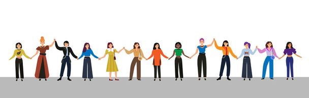 Az emberek fogják egymás kezét. Fiatal női aktivisták csoportja áll össze és fogja egymás kezét. Lányok hatalma feminizmus koncepció. Vektorillusztráció - Vektor, kép