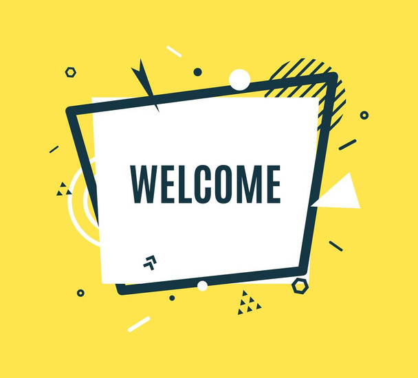 Welcome white banner with black frame in flat style. Simple label with short phrase on yellow background. Trapezoid inviting sticker with abstract geometric shapes in memphis retro art. Vector card - Wektor, obraz