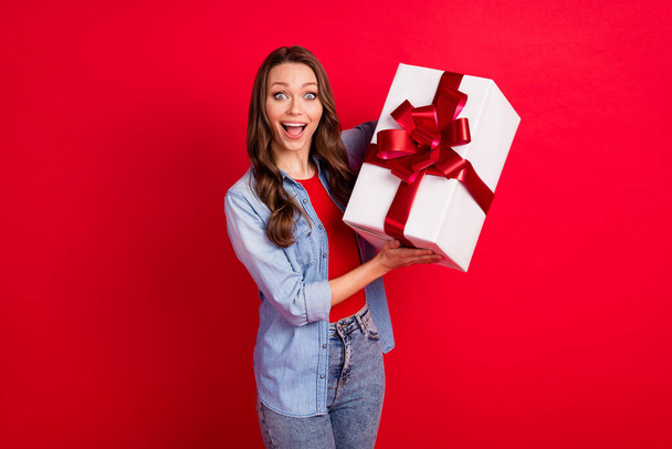 Photo of funky impressed young lady dressed denim outfit holding big bow present box isolated red color background - Фото, изображение