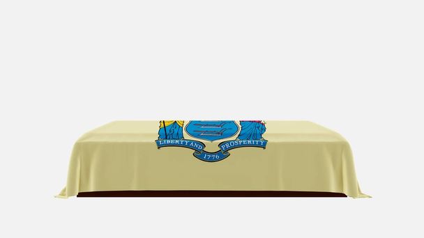 Vue latérale d'un cercueil sur fond blanc recouvert du drapeau du New Jersey - Photo, image