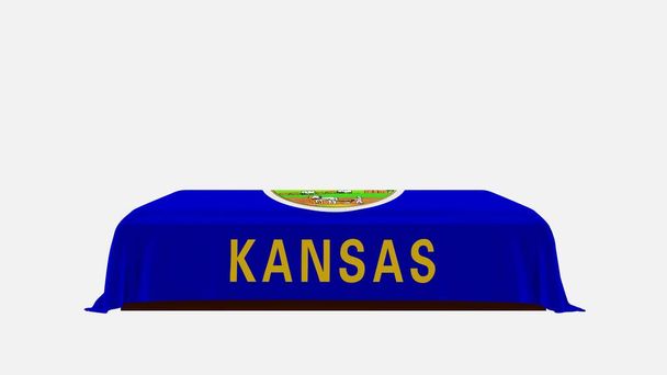 Vista lateral de un ataúd sobre un fondo blanco cubierto con la bandera del país de Kansas - Foto, imagen