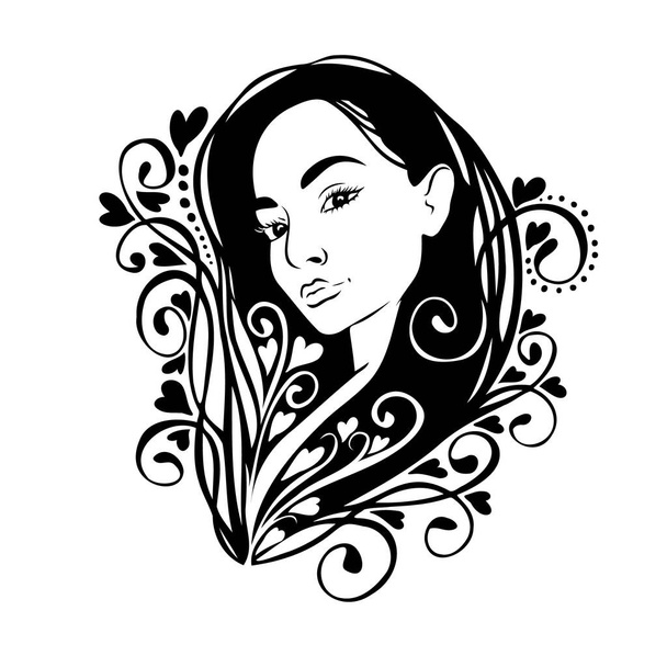 The beautiful monochrome graphic face of the girl. Portrait in flowers and hearts. Beauty saloon. Vector Illustrated - Vector, Image
