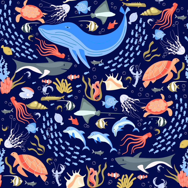 Seamless pattern with underwater life elements and tropical animals - Photo, Image