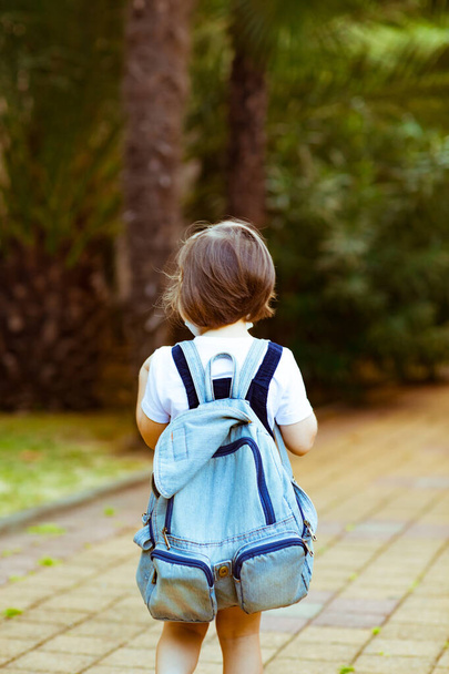 a little girl, a schoolgirl, goes to school with a denim backpack, rear view - Photo, Image